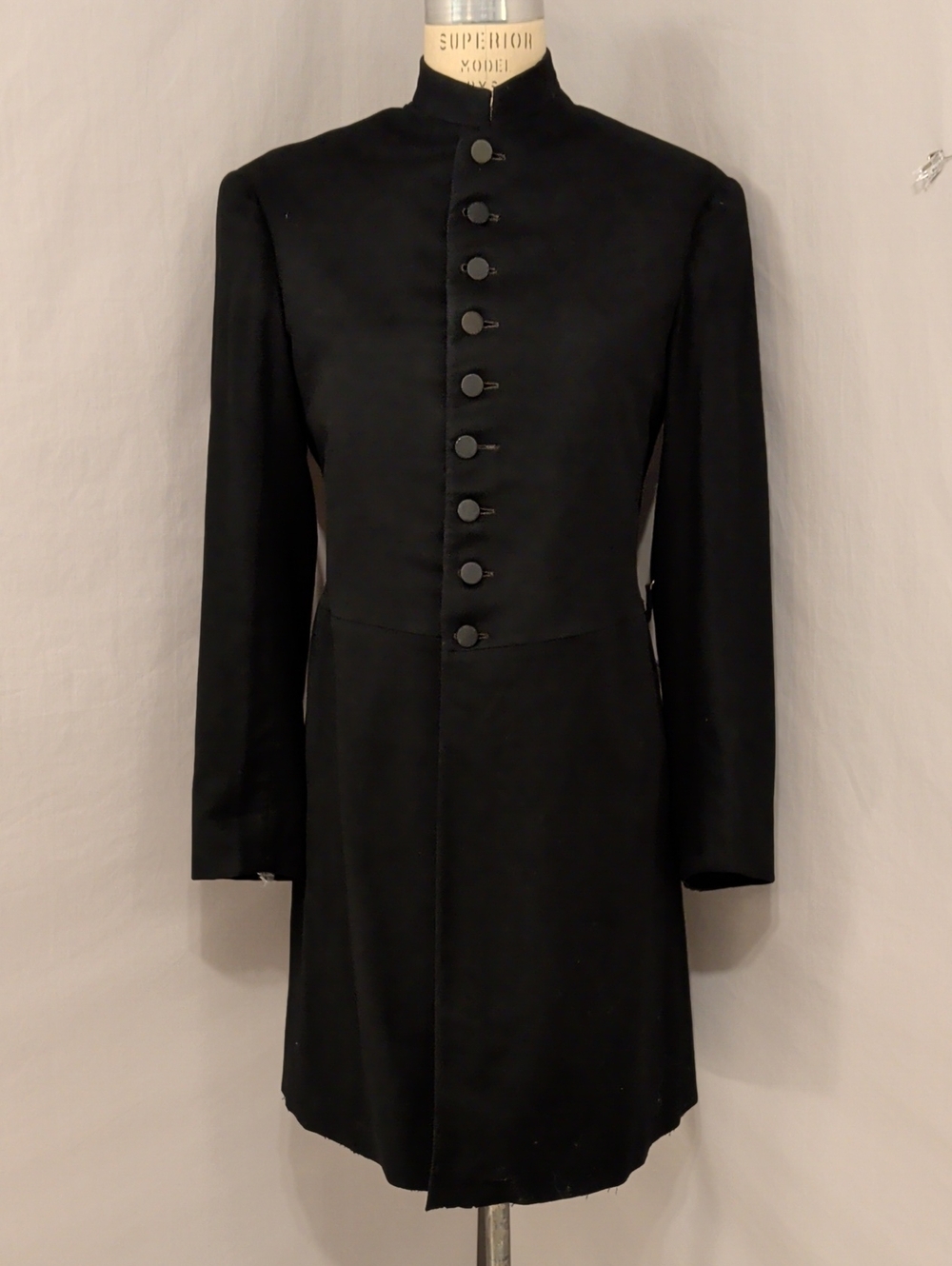 Antique Black Wool Military Frock Stand Collar  Coat Dress Jacket Front Button